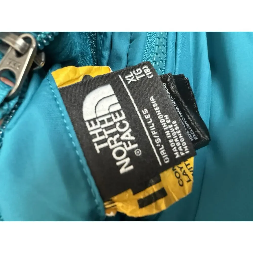 Girls The North Face Mossbud Faux Fur Coat Youth XL Reversible Teal Blue Sz 18